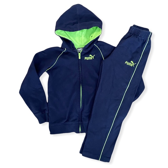 Puma Other - Puma Boys Active Set Outfit Hoodie Sweatpants Navy Blue Neon Green Stripe S 7